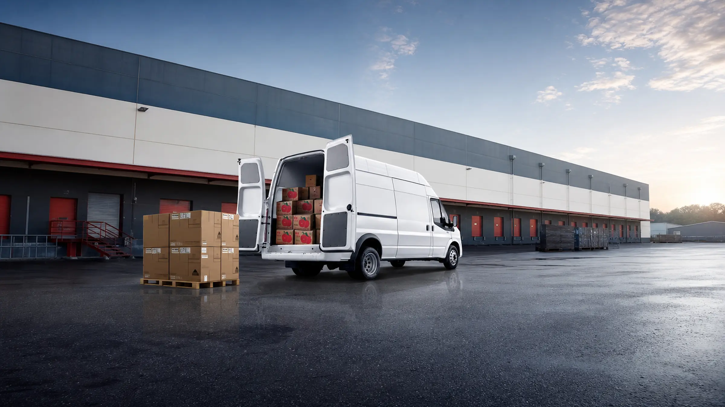 Fourgon utilitaire JMC L3H2 Touring blanc devant un quai logistique, portes arrière ouvertes et cartons chargés
