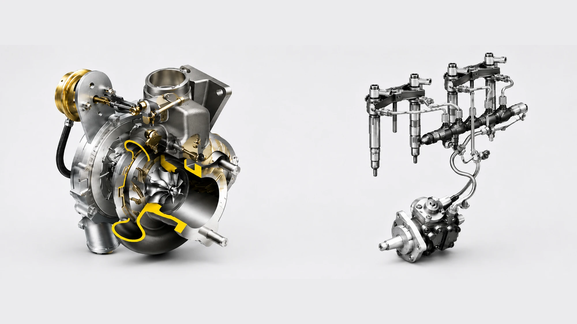 Turbocompresseur Honeywell en écorché et système d'injection haute pression Bosch, en studio